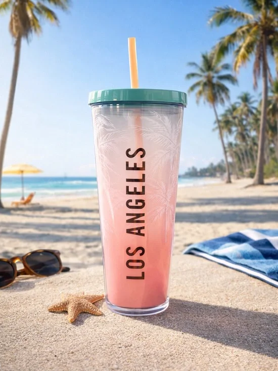 Starbucks Los Angeles Pink Ombre Palm Tree Tumbler 24oz Cup Straw Lid EUC - Picture 5 of 5